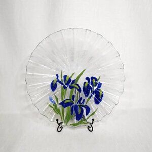 12in Handcrafted Sydenstricker Fused Glass Plate Vibrant Blue Iris Floral Design
